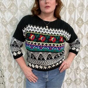 Vintage 80s Hand Knit Black Christmas Sweater / M